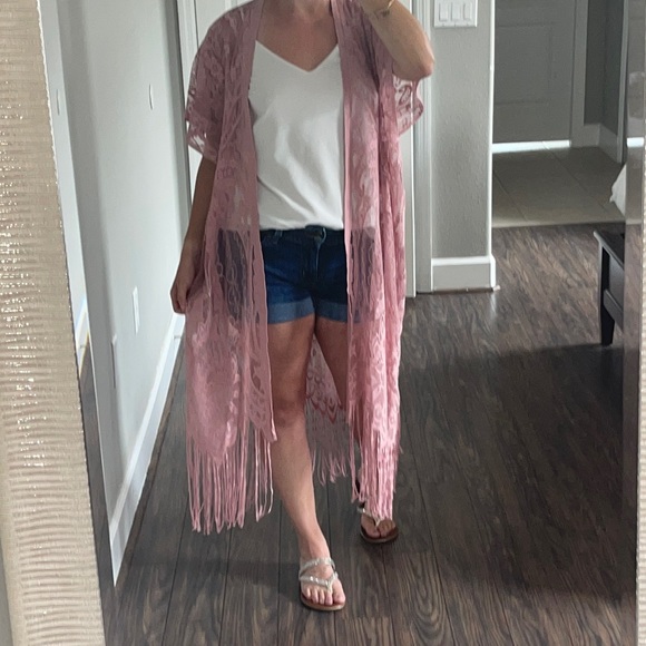 Mauve, lace, fringe kimono or cover-up - Picture 2 of 6